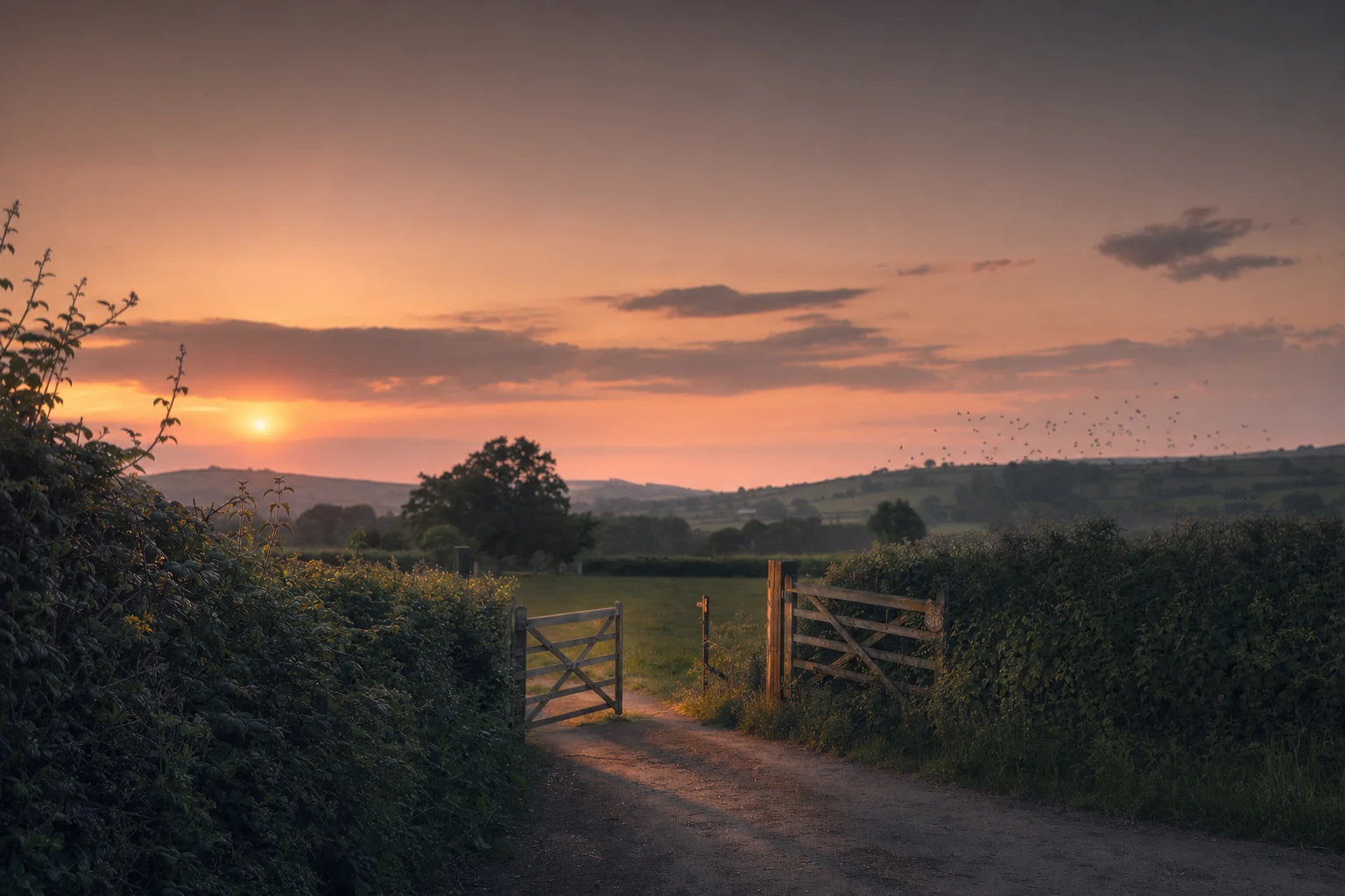 A quiet field gate at dusk, gentle golden light on the horizon