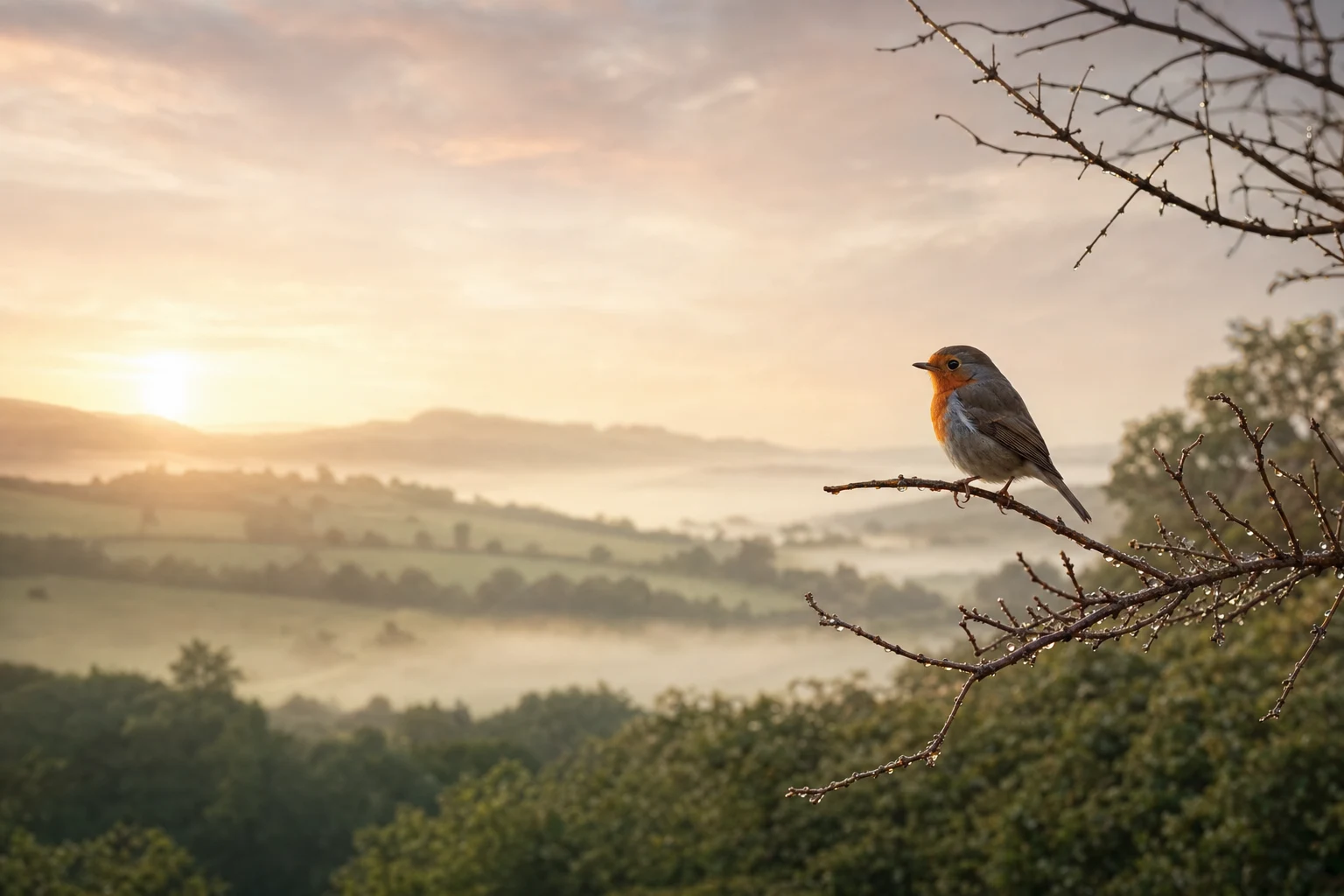 Soft dawn light over misty British countryside, a robin resting on a branch